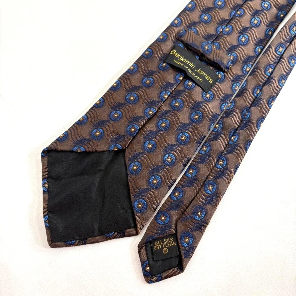 Benjamin James Silk Tie Brown Blue Geometric Medallion‎ Made in England